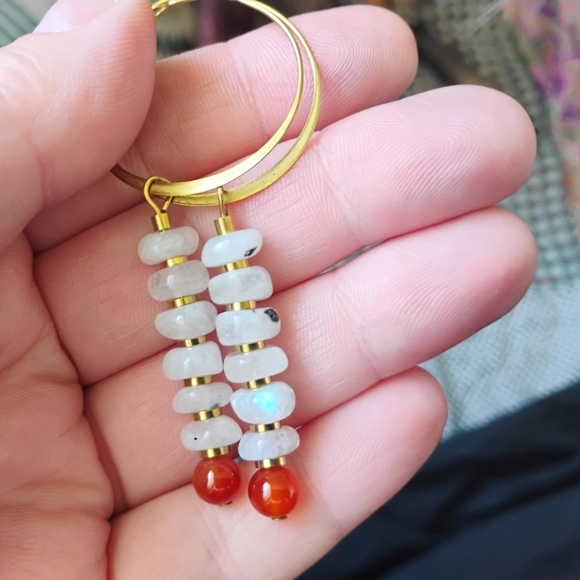 Rainbow Moonstone+ Carnelian Hoop Drop Earrings - Picture 2 of 2